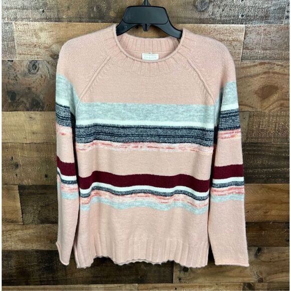 Caslon Sweater Pink Rocking Stripe Crew Neck Wide Ribbed Hem Side Slits Medium - Picture 15 of 15